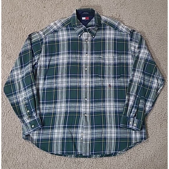 Vtg Tommy Hilfiger Flannel Shirt Mens XL Green Blue Plaid Heavyweight Preppy Y2K - Picture 6 of 12